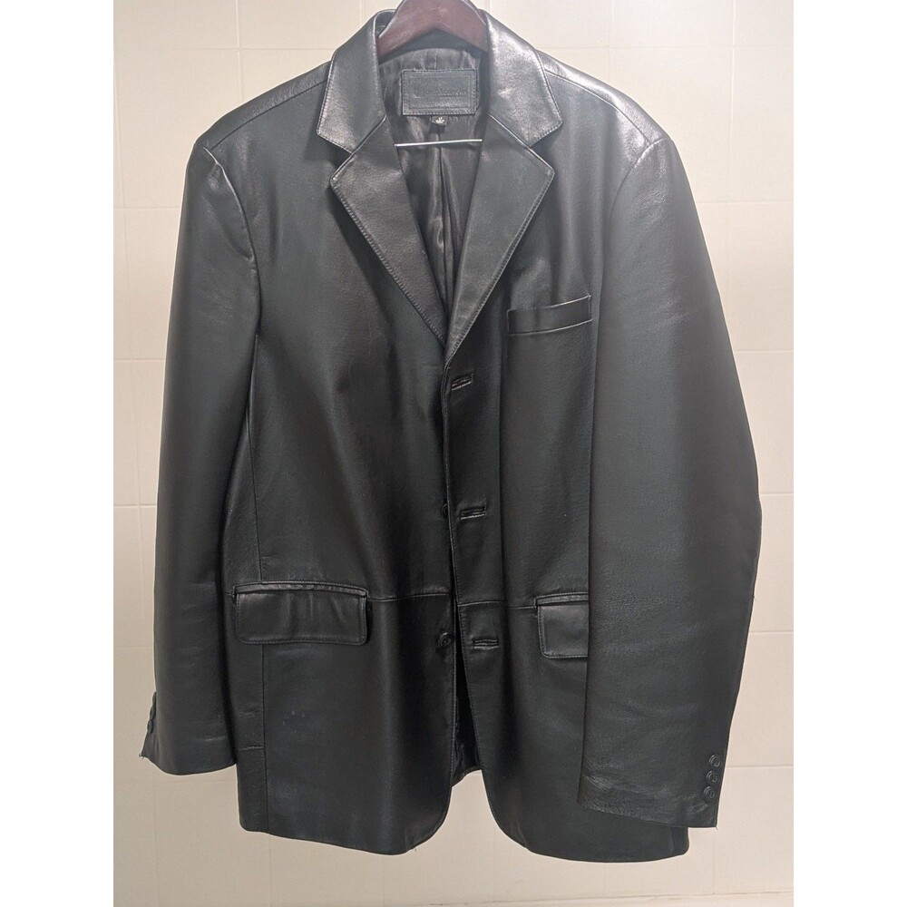 Croft & Barrow Mens Leather Coat Jacket Black Classic Button Front EXCELLENT